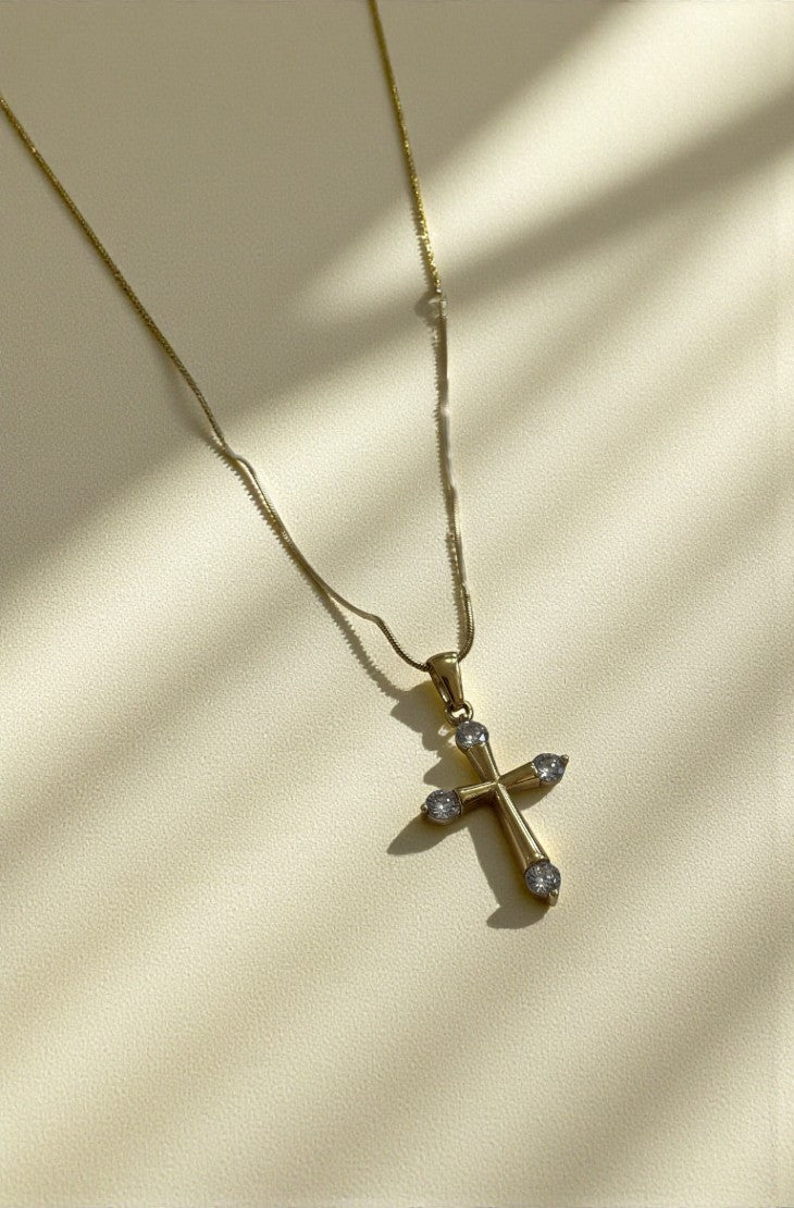 Gold & diamante snake chain cross necklace