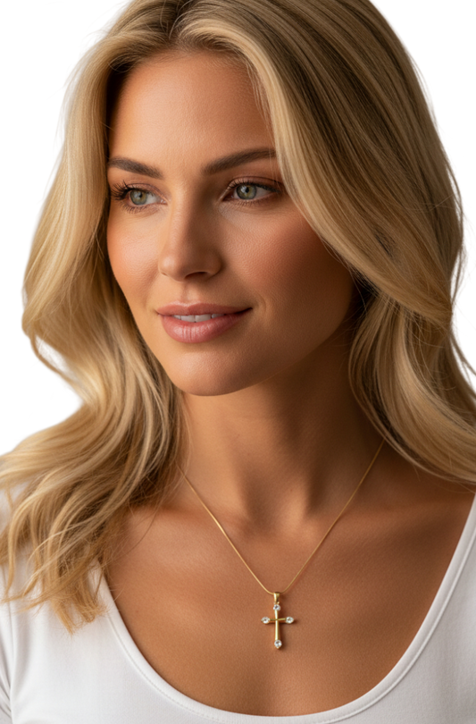 Gold & diamante snake chain cross necklace