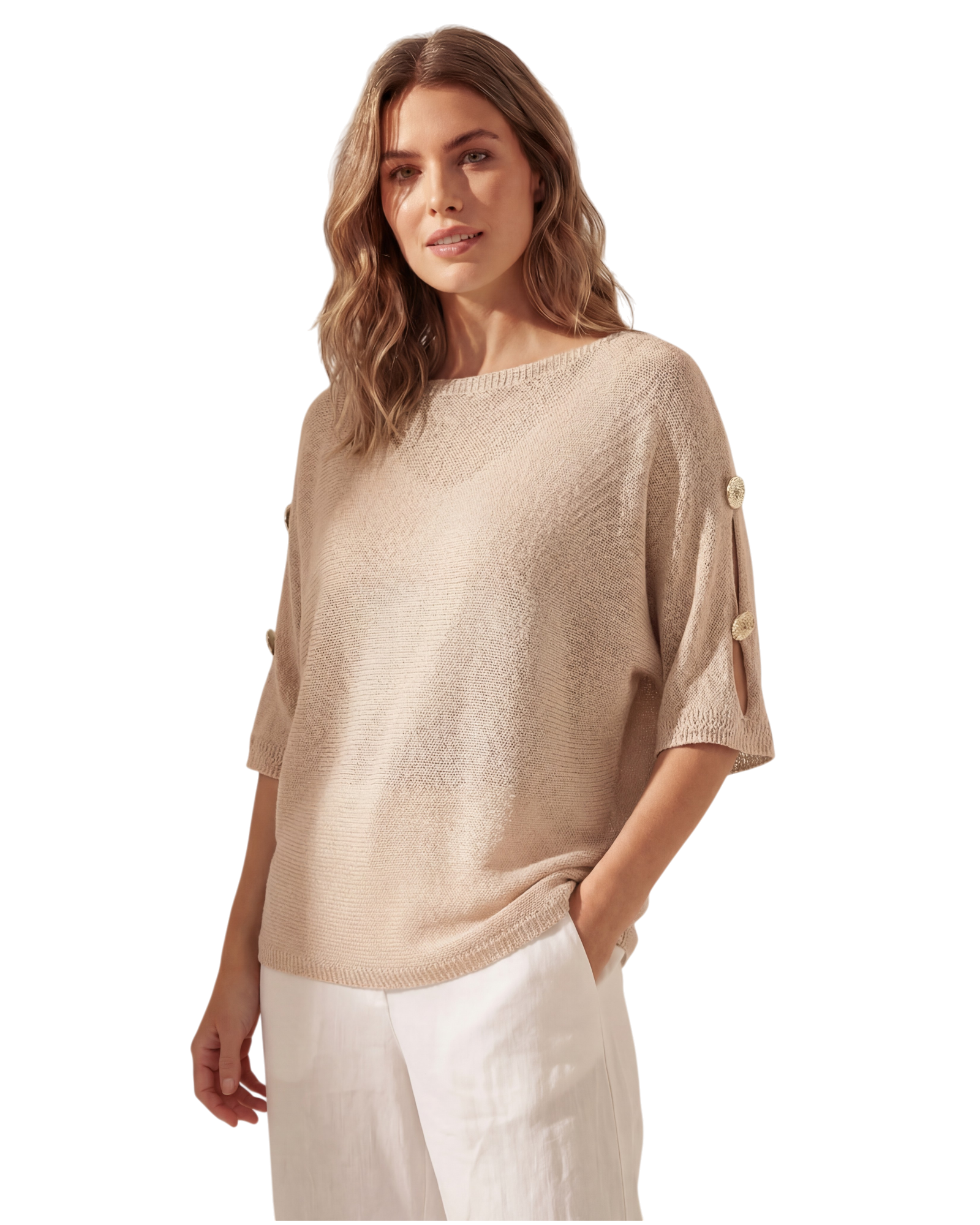 Boxy fine knit batwing jumper with gold button detailing - one size