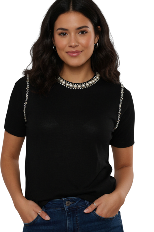 Black embellished short sleeve knit one size