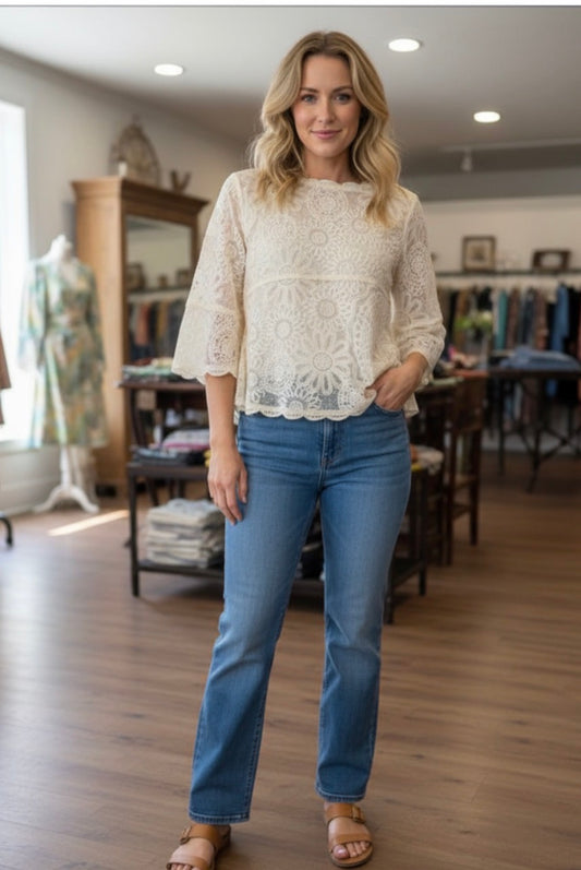 Crochet, lacey Daisy top with bell sleeves