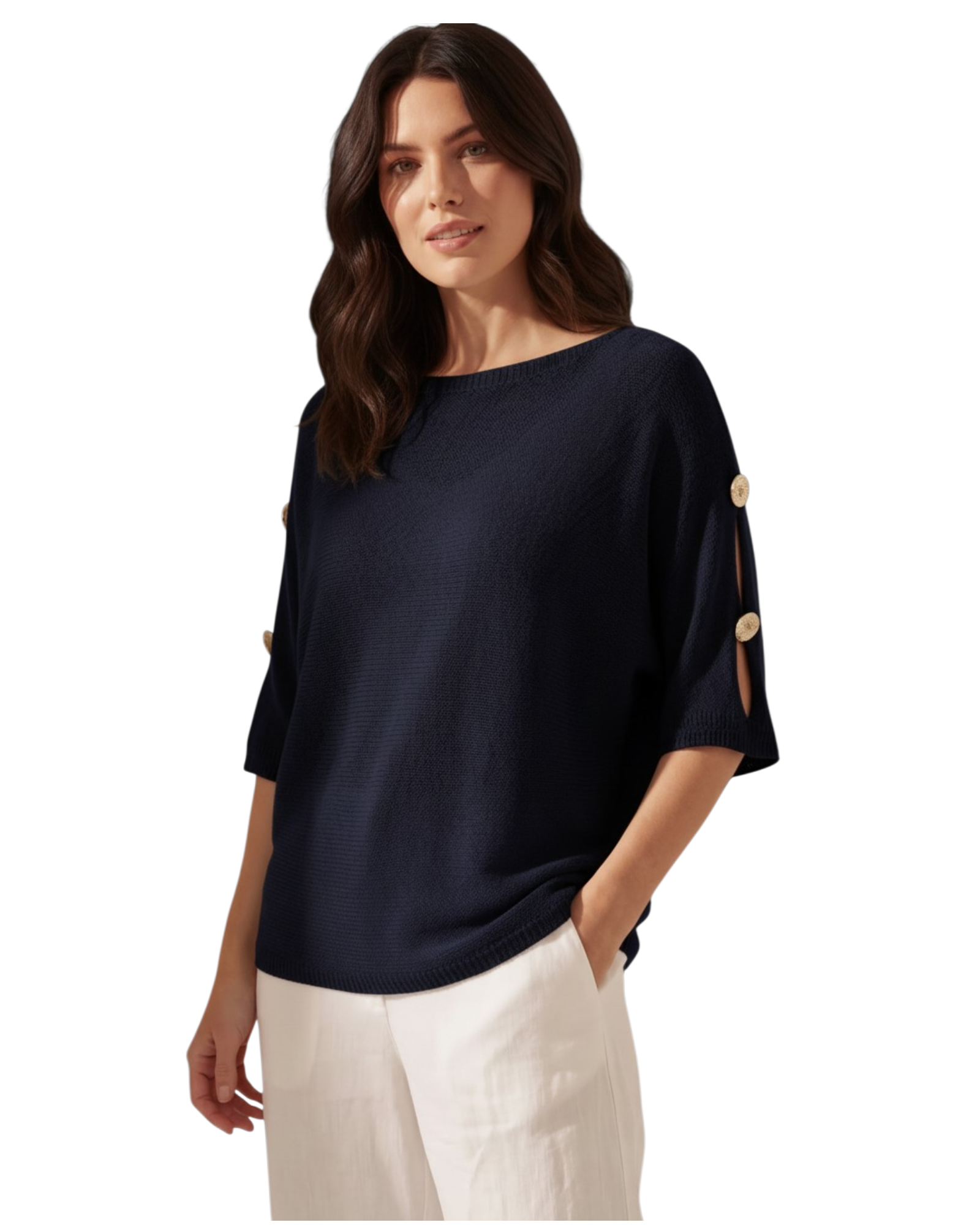 Boxy fine knit batwing jumper with gold button detailing - one size