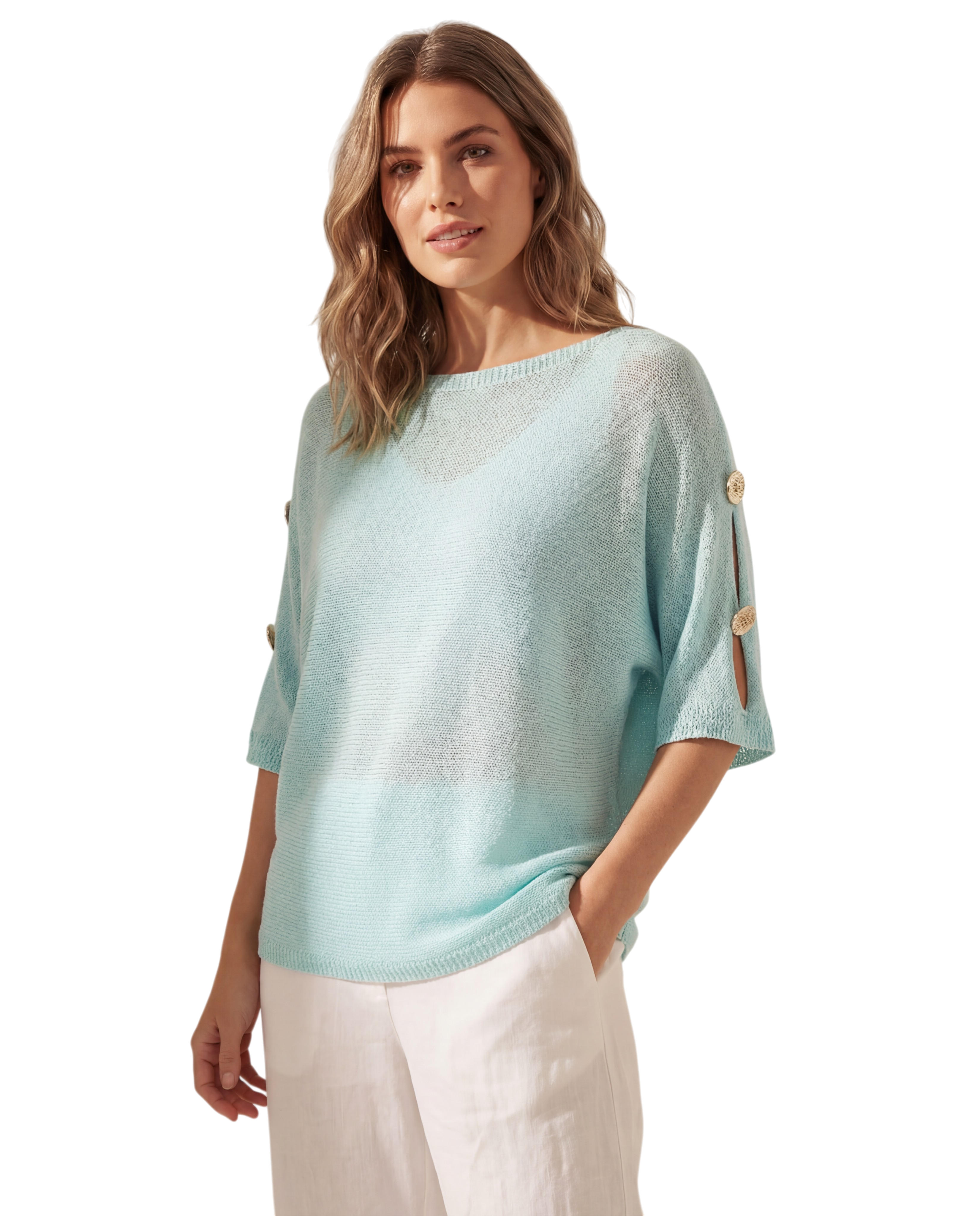 Boxy fine knit batwing jumper with gold button detailing - one size