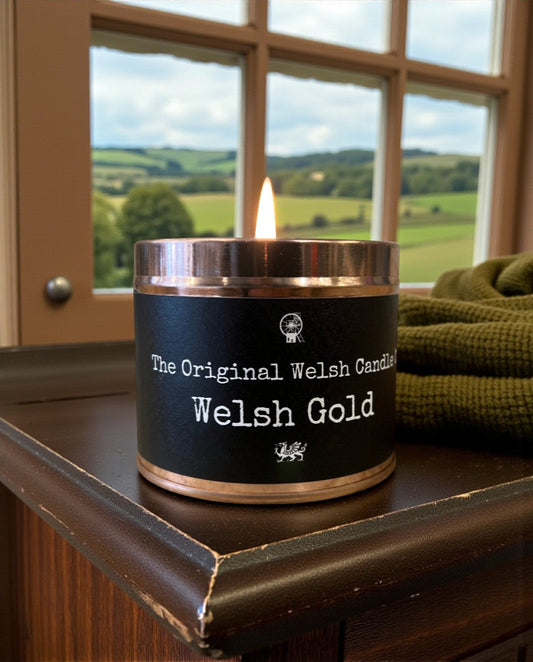 Welsh Gold Copper Tin soy candle scented with Honey & Tobacco