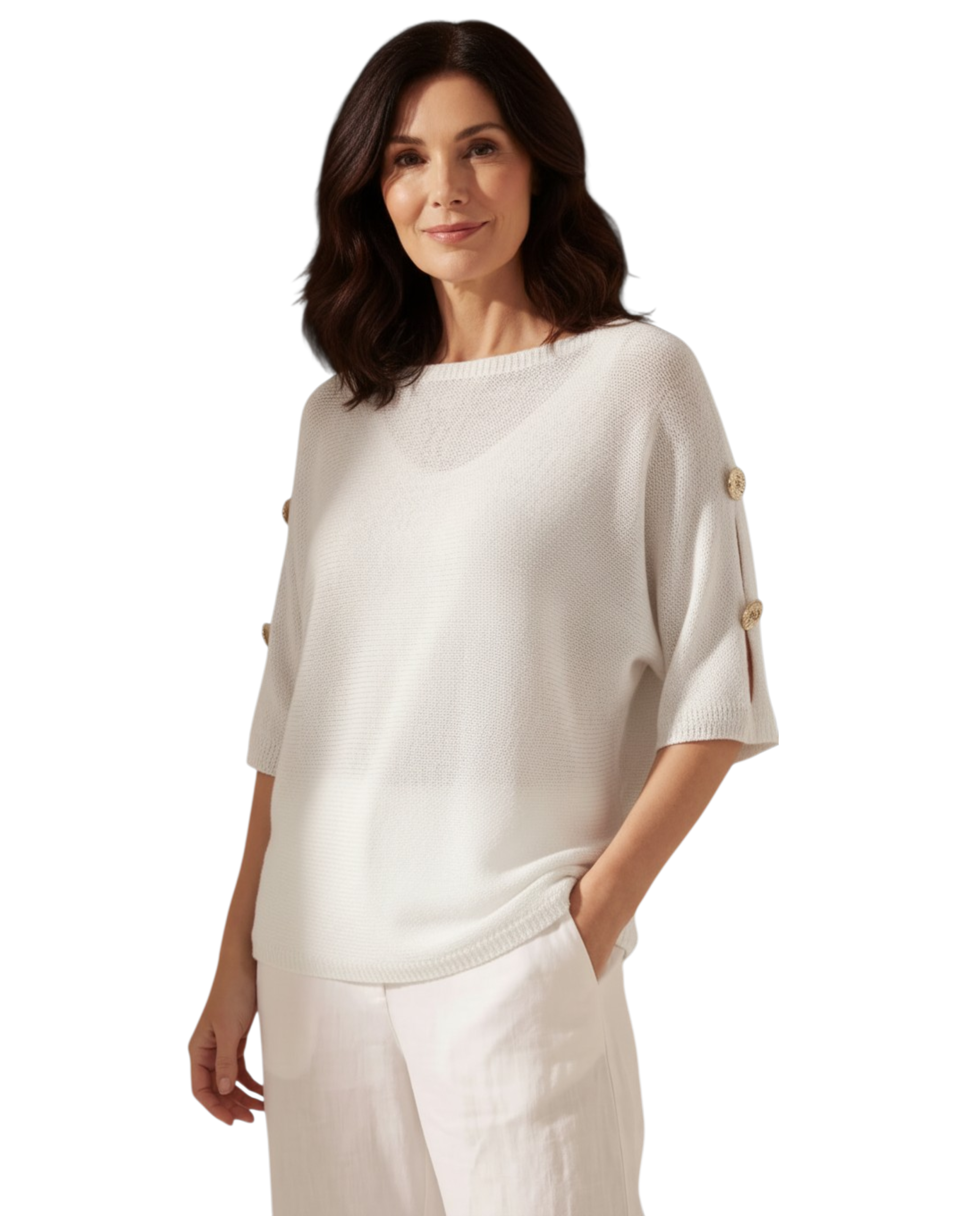 Boxy fine knit batwing jumper with gold button detailing - one size