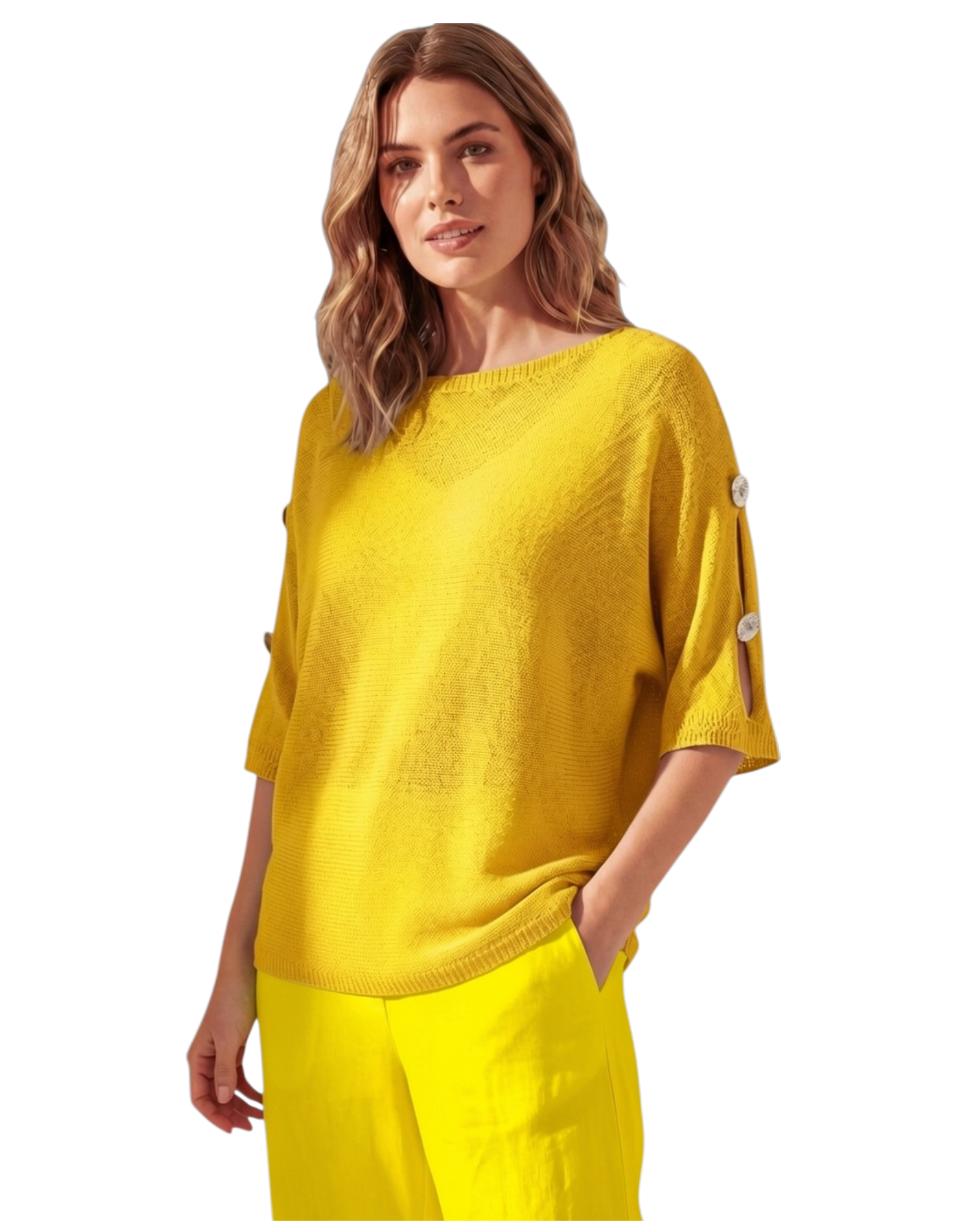 Boxy fine knit batwing jumper with gold button detailing - one size