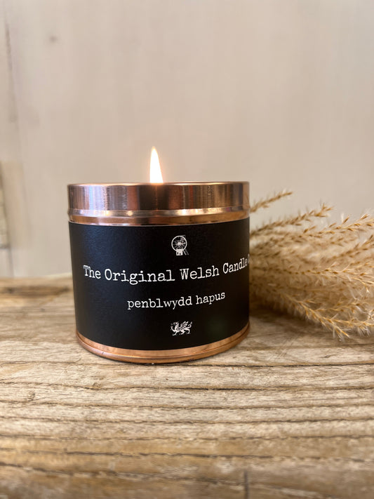 Happy Birthday / Penblwydd Hapus scented copper tin candle scented with fresh tea