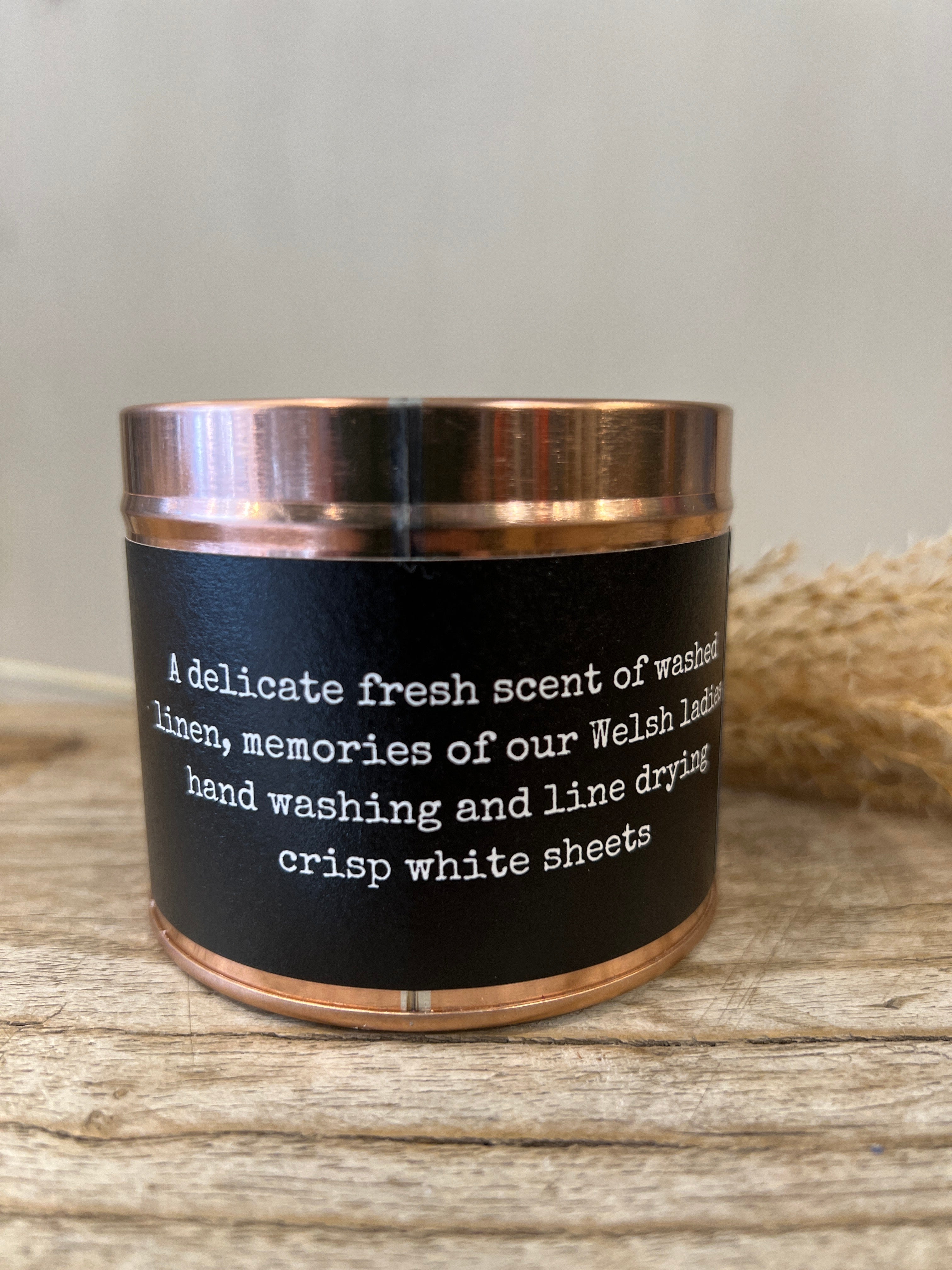 Cwm Rhondda Scented Copper tin candle - fresh linen