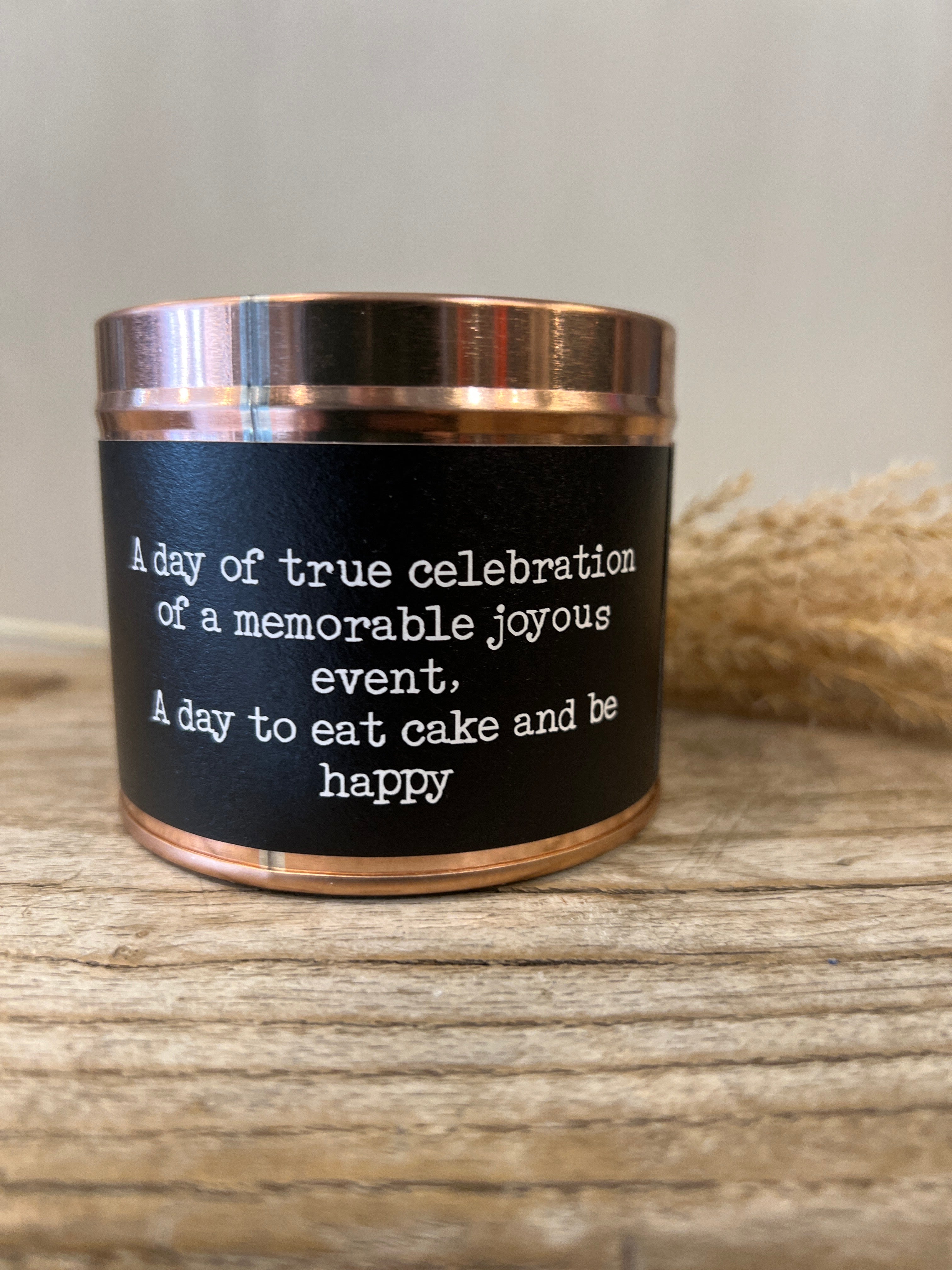 Happy Birthday / Penblwydd Hapus scented copper tin candle scented with fresh tea