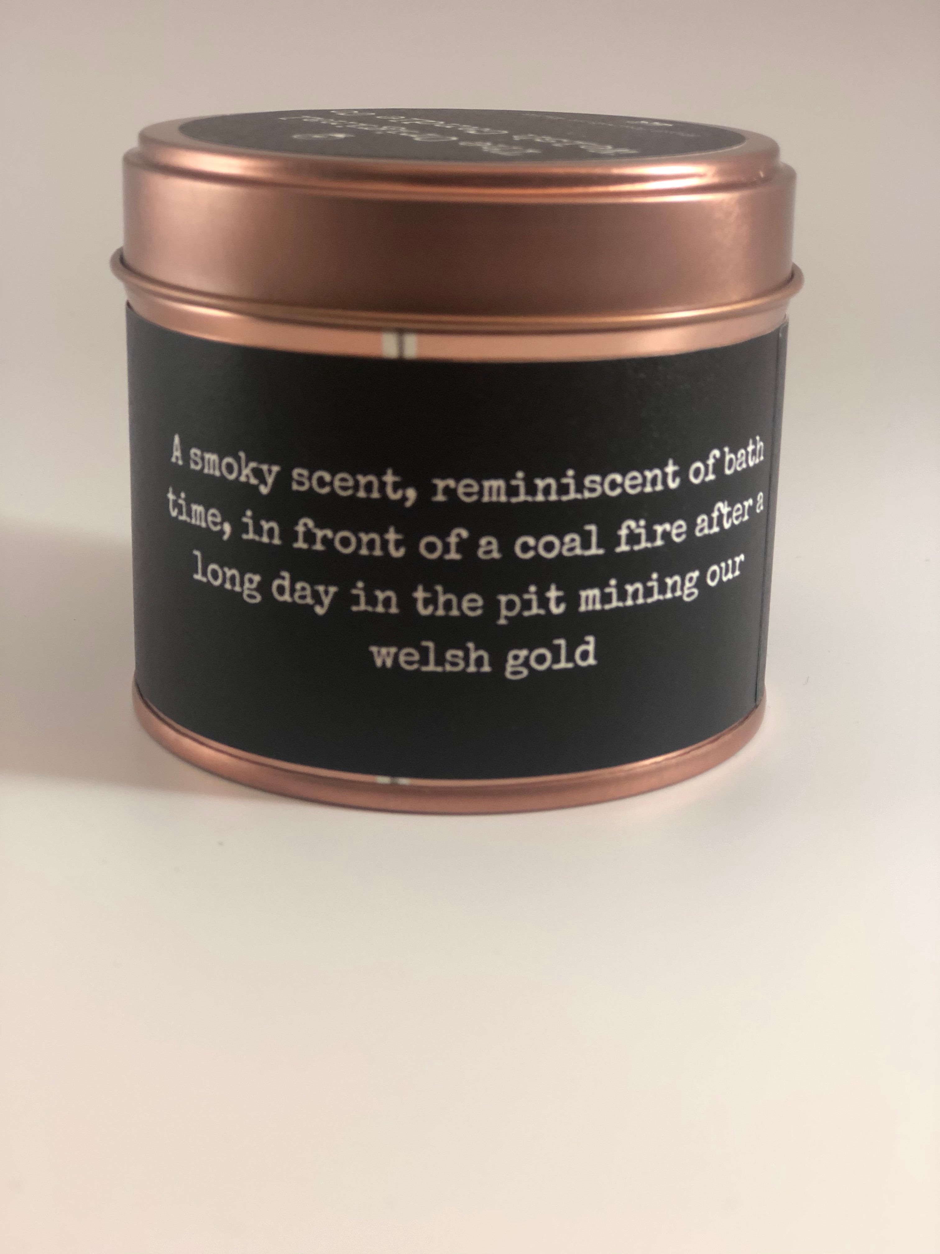 Welsh Gold Copper Tin soy candle scented with Honey & Tobacco